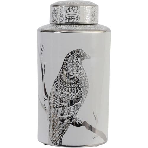 Silver Bird Print Ceramic Lidded Jar