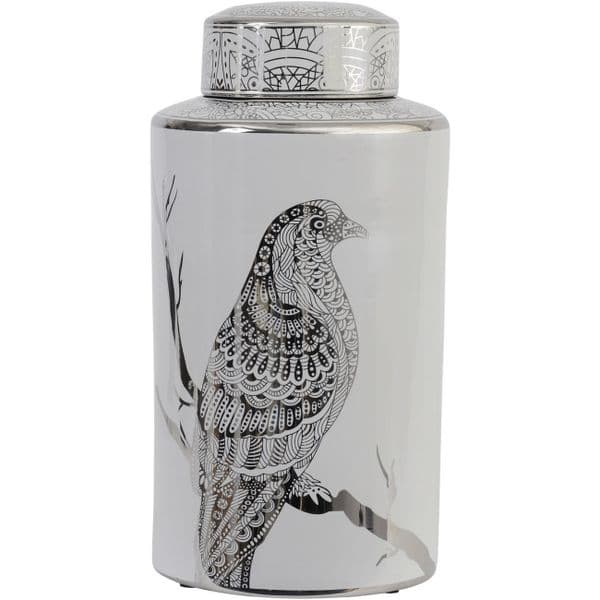 Silver Bird Print Ceramic Lidded Jar