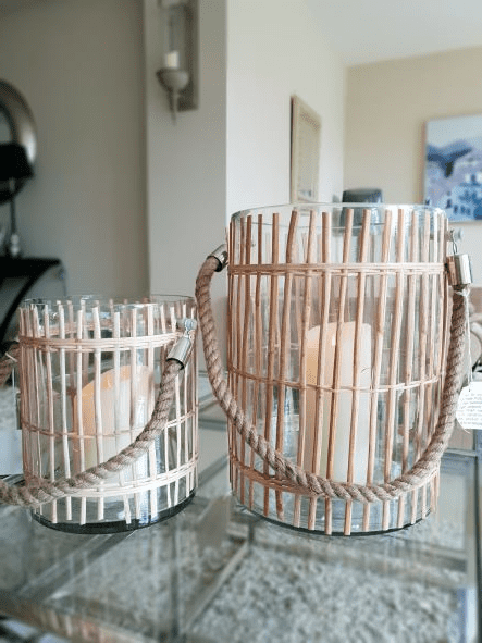 Small Glass Drum Hurricane with Vertical Bamboo Strip Detail