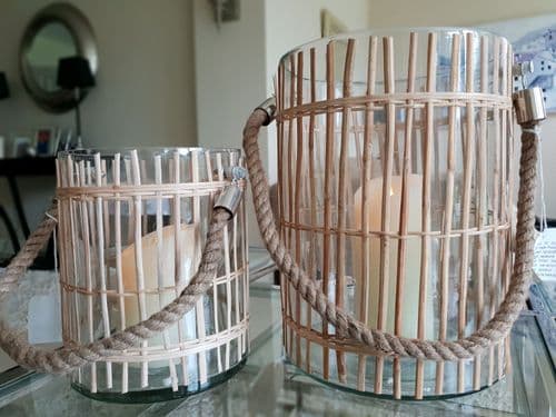 Small Glass Drum Hurricane with Vertical Bamboo Strip Detail