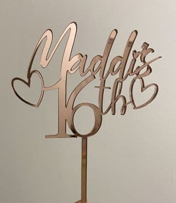 16th with hearts personalised acrylic or wood cake topper