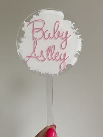 Baby personalised with paint splash clear acrylic cake paddle topper