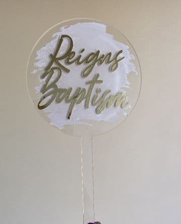 Baptism personalised with paint splash clear acrylic cake paddle topper