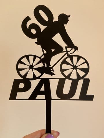 Bike rider personalised acrylic or wood cake topper