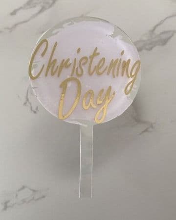 Christening Day with white splash clear acrylic paddle cake topper