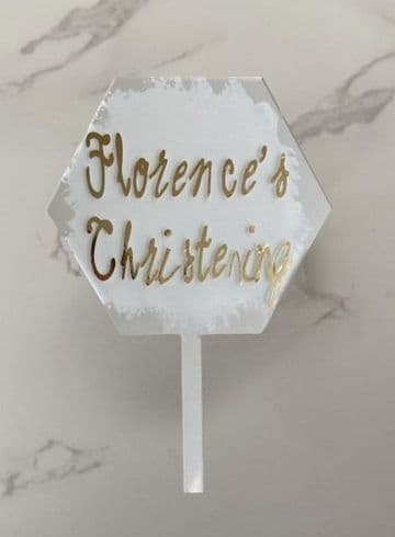 Christening hexagon personalised with white splash clear acrylic paddle cake topper