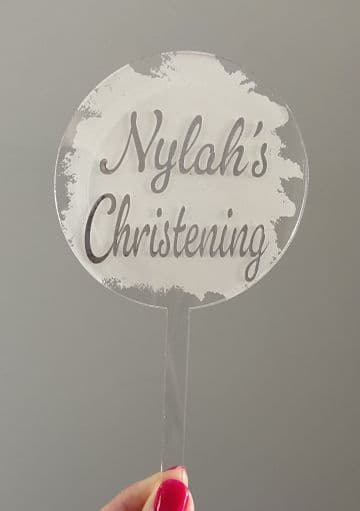 Christening personalised with white splash clear acrylic paddle cake topper