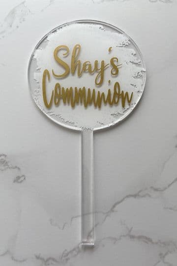 Communion personalised with white splash clear acrylic paddle cake topper