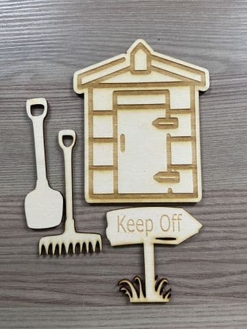 Gardening shed and tools wooden charm set