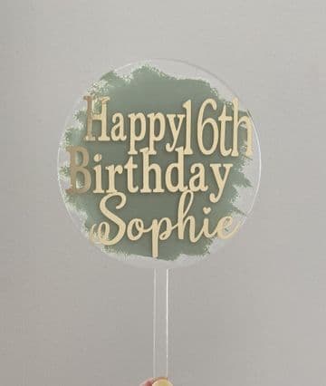 Happy 16th Birthday personalised with paint slash clear acrylic paddle cake topper