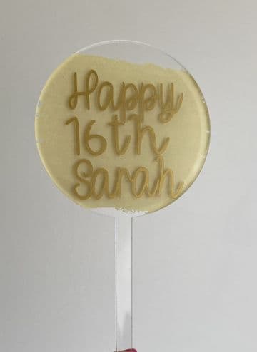 Happy 16th personalised with paint splash clear acrylic paddle cake topper