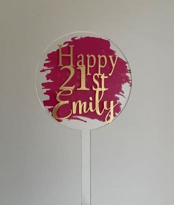 Happy 21st personalised with paint splash clear acrylic paddle cake topper