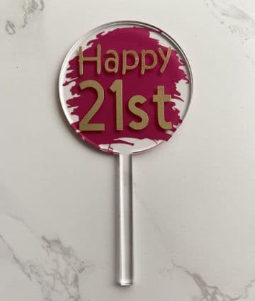 Happy 21st with paint splash clear acrylic paddle cake topper