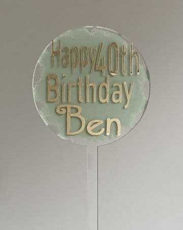 Happy 40th Birthday personalised with paint splash clear acrylic paddle cake topper