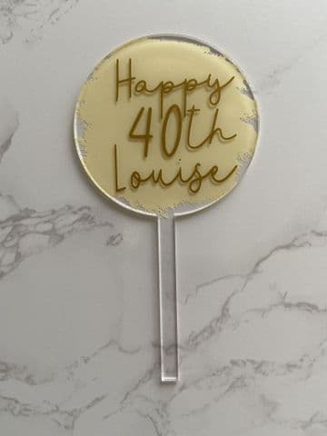 Happy 40th personalised with paint splash clear acrylic paddle cake topper