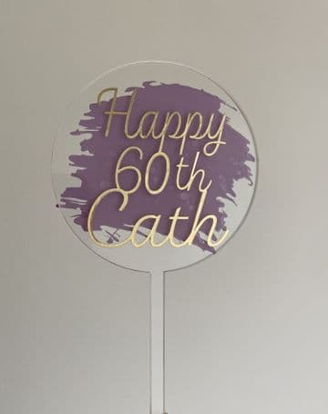 Happy 60th personalised with paint splash clear acrylic paddle cake topper