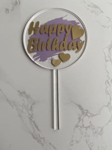 Happy birthday and hearts with paint splash clear acrylic paddle cake topper