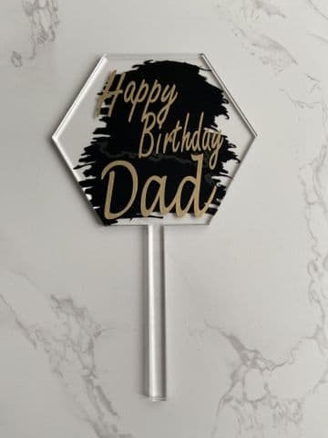 Happy Birthday Dad with paint splash clear acrylic hexagon cake paddle topper