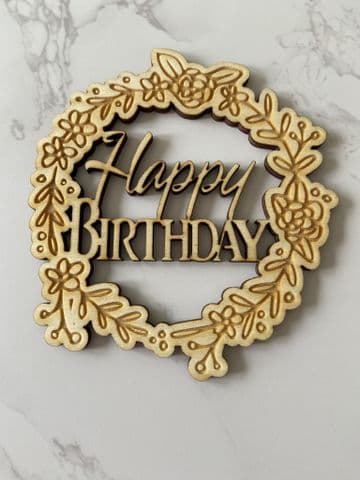 Happy birthday in flower wreath wooden cake charm