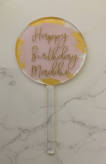 Happy birthday personalised with paint splash and gold paddle cake topper