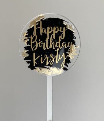 Happy Birthday with paint and gold splash clear acrylic paddle cake topper