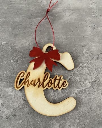 Initial and name with bow personalised christmas tree decoration