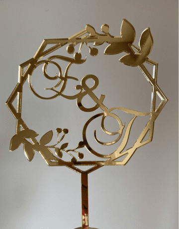 Initials leaf hexagon acrylic or wood cake topper