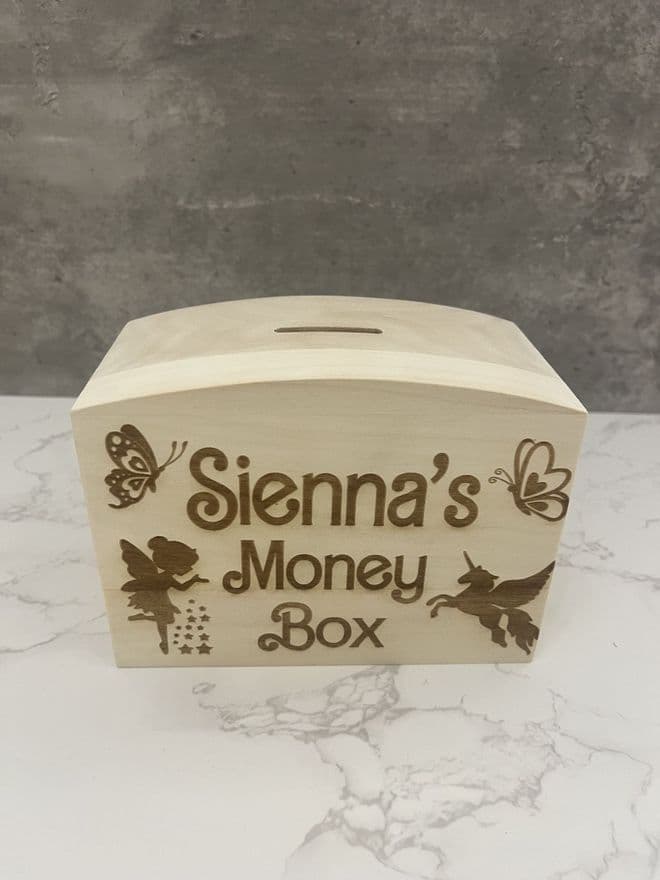 Personalised, fairy & unicorn theme wooden money box