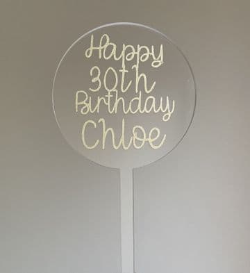 Personalised happy 30th birthday clear acrylic paddle cake topper