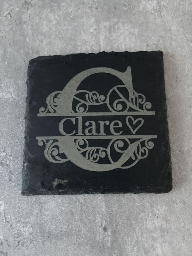 Personalised letter monogram and name slate coaster