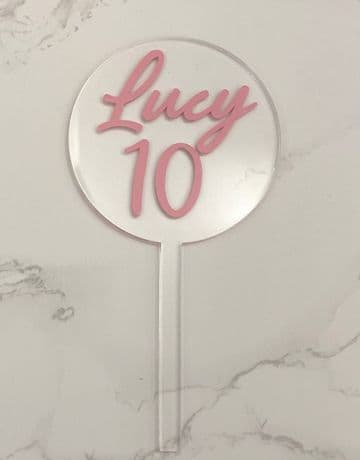 Personalised name and age clear acrylic paddle cake topper