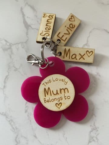 Personalised 'this mum belongs to' wood and acrylic keyring