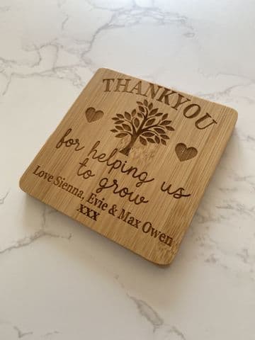 Thankyou for helping us to grow personalised square wooden coaster