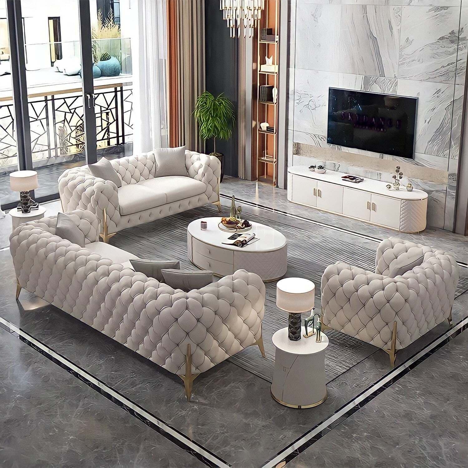 Chesterfield Sofas Sets In Luxury Light Cream Leather Style