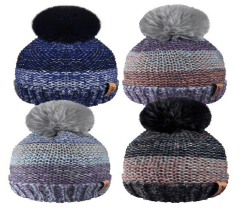 12x Ladies Brushed Bleed Stripe Hat with Rockjock R80 Thermal Insulation & Soft Fur Pom Pom