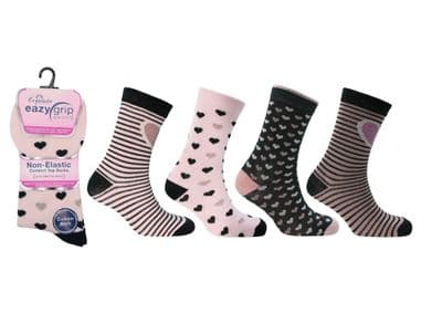 Easy Grip Ladies Hearts Fashion Socks 4 packs of 3 pairs