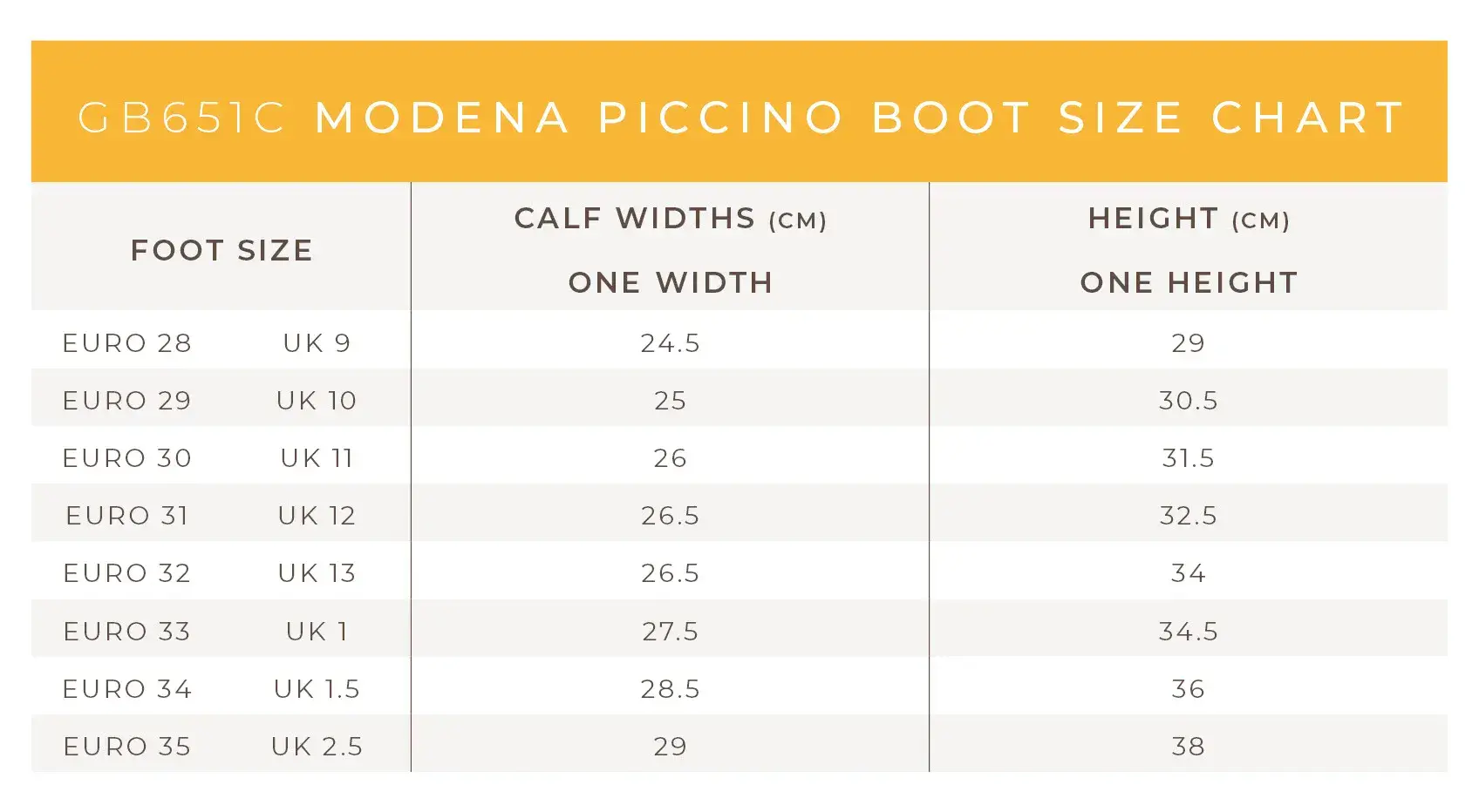 Brogini Modena Kids Riding Boots Size Chart