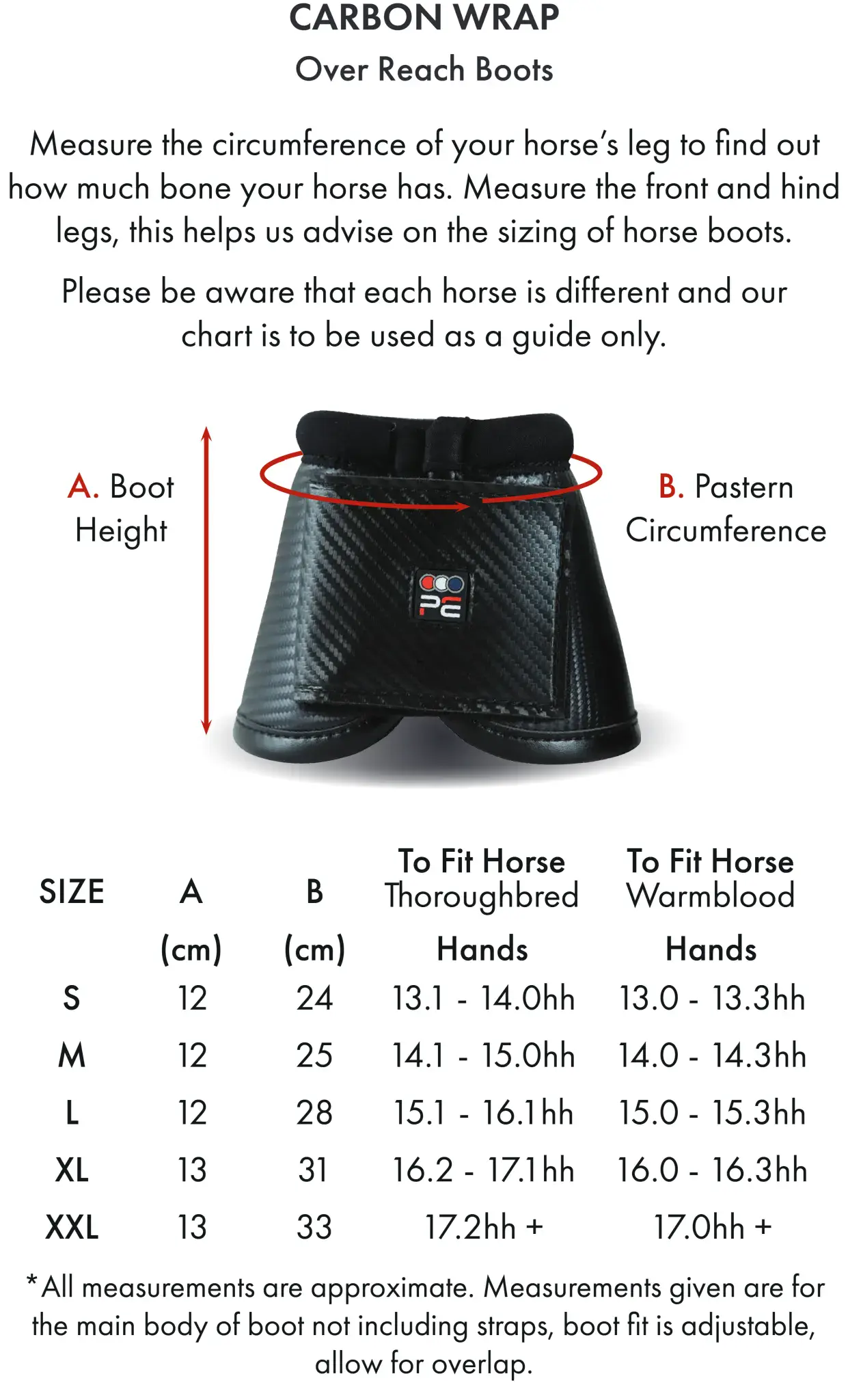 Premier Equine Carbon Wrap Over Reach Boots Size Chart