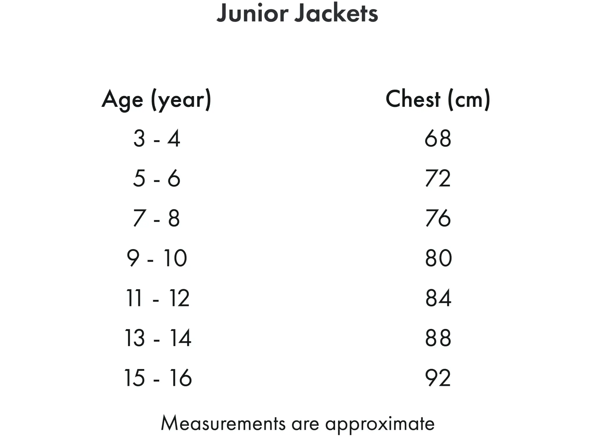 Premier Equine Hagen Junior Riding Jacket Size Chart