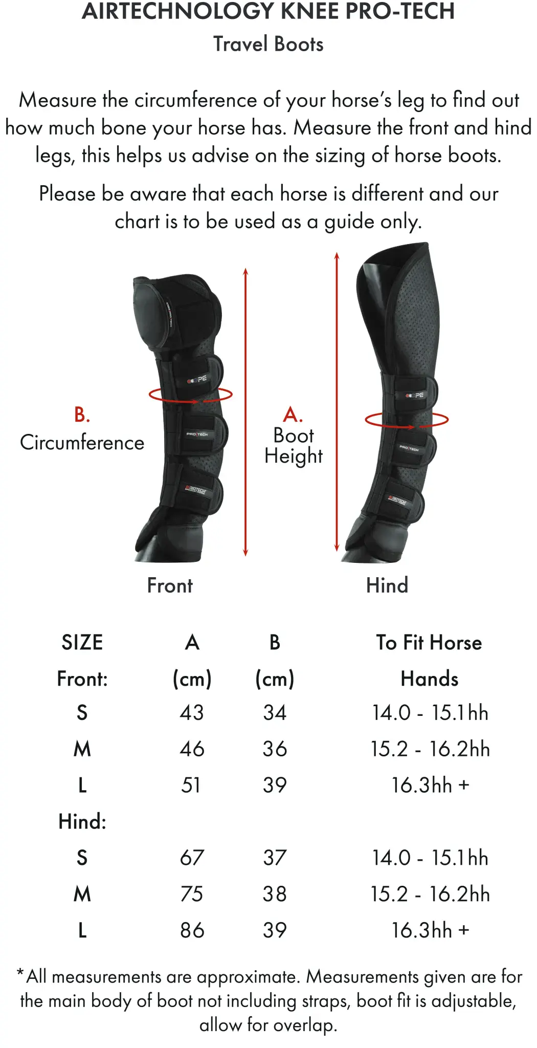 Airtechnology Knee Pro-Tech Horse Travel Boots Size Chart