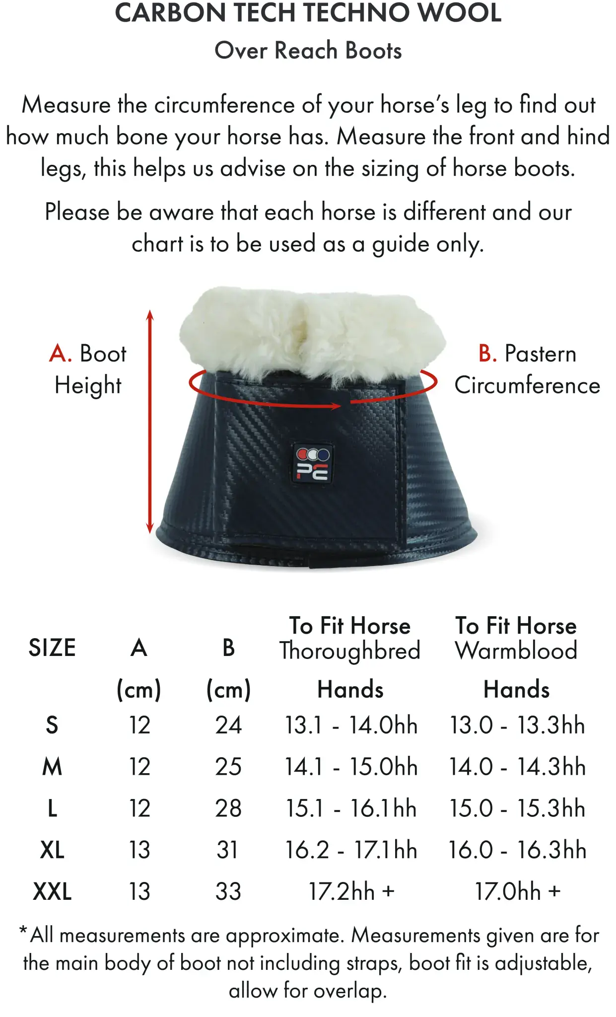 Premier Equine Carbon Tech Techno Wool Overreach Boots Size Chart