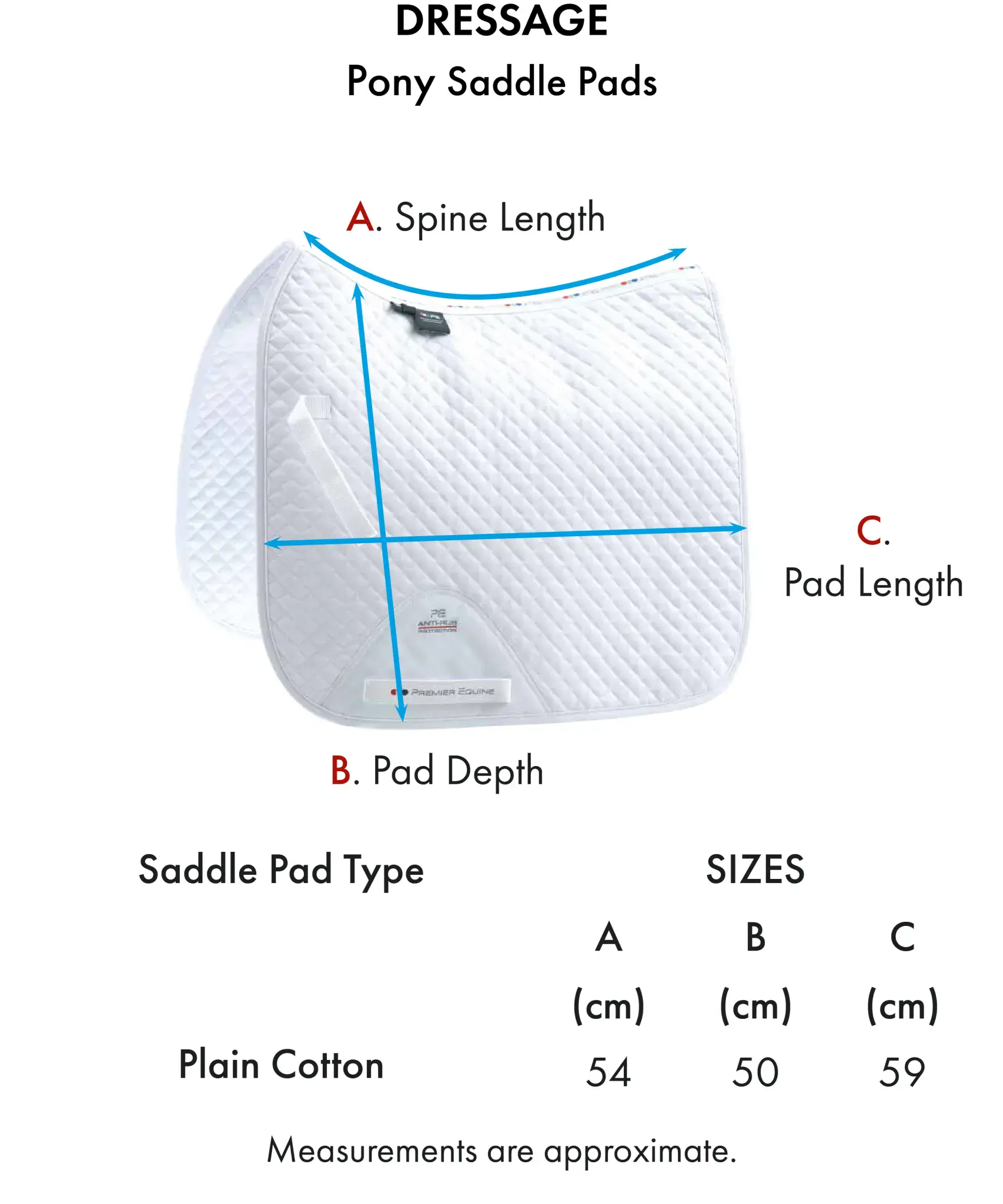 Premier Equine Pony Plain Cotton Dressage Square Size Chart