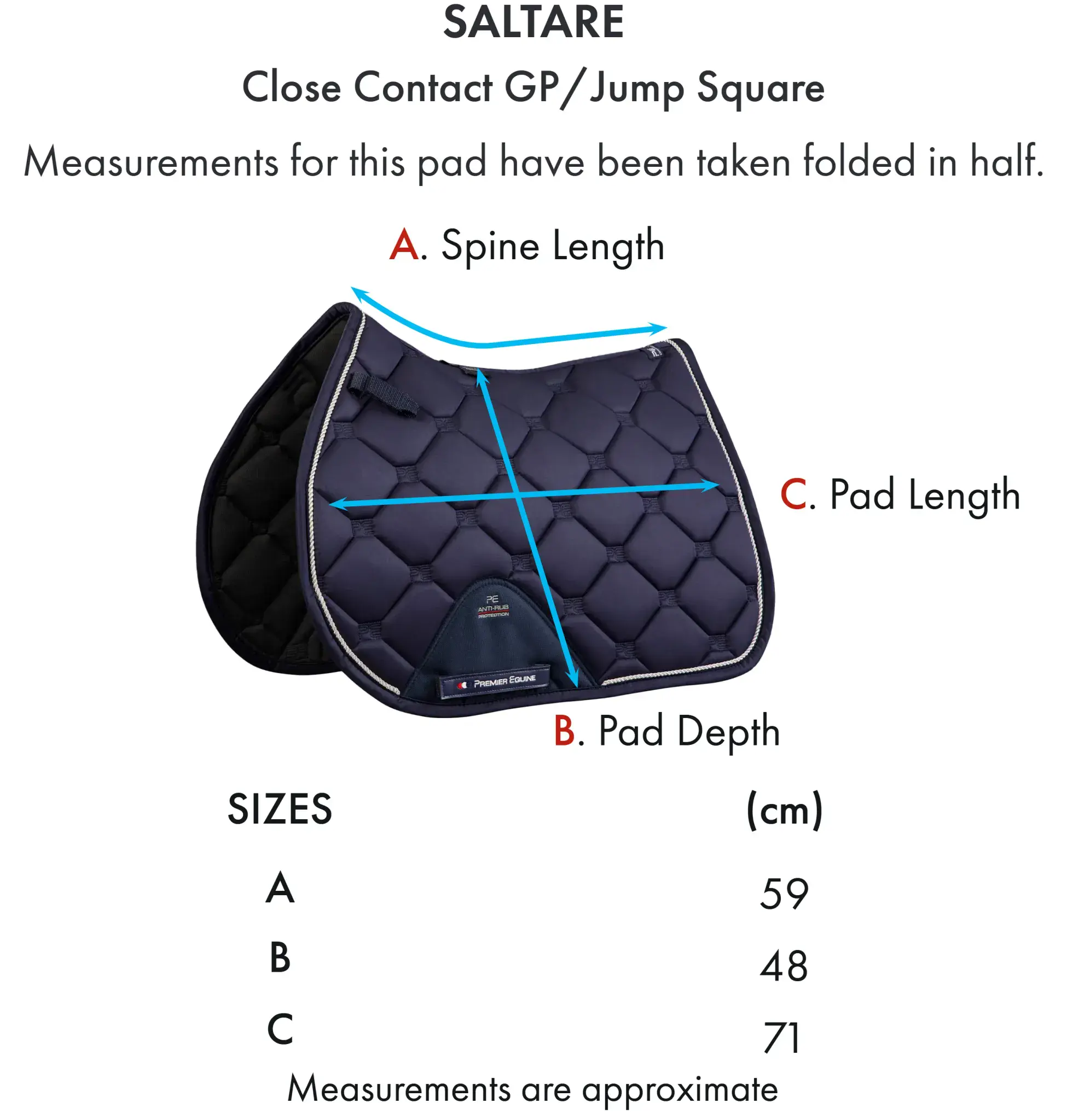Premier Equine Saltare Close Contact Saddle Square Size Chart