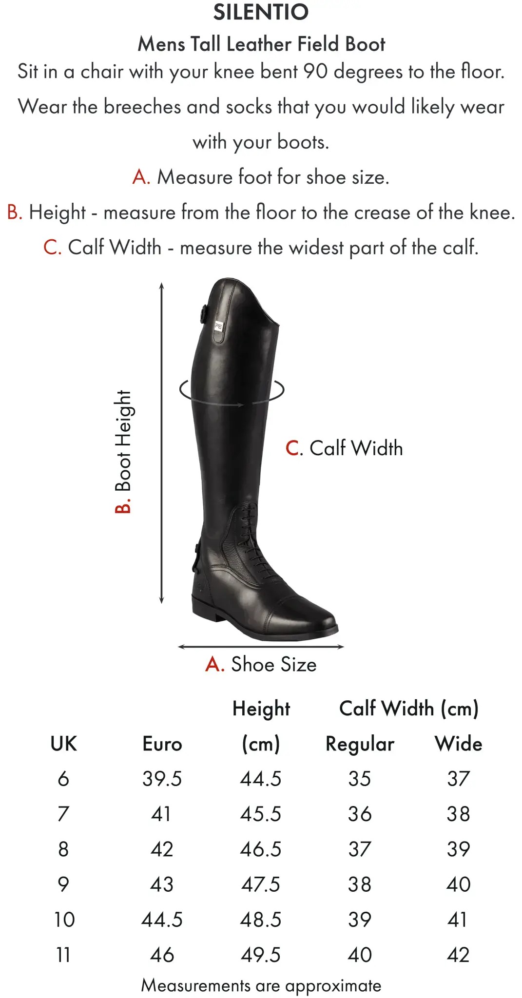 Premier Equine Silentio Mens Tall Leather Field Boot Size Chart
