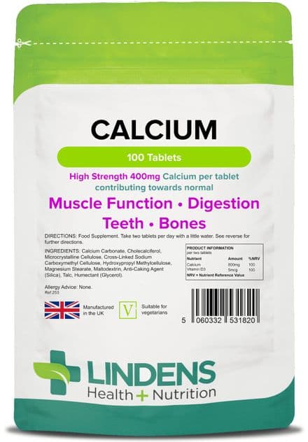 Calcium High Strength 400mg x 100 Tablets; Bones, Muscle Function; Lindens