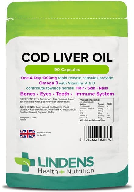 Cod Liver Oil 1000mg x 90 Rapid Release Capsules; High in Omega-3; Lindens