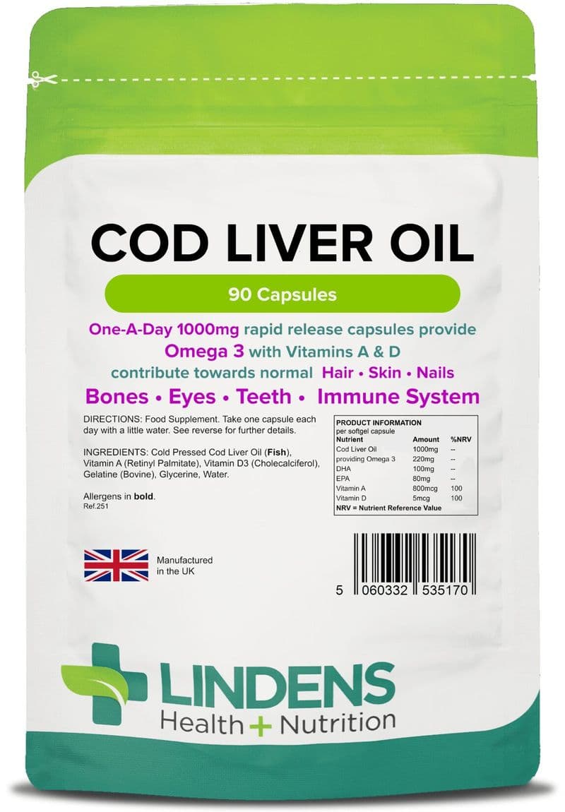 Cod Liver Oil 1000mg x 90 Rapid Release Capsules; High in Omega-3; Lindens