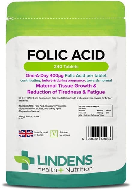 Folic Acid 400mcg x 240 Tablets; (Folacin, Vitamin B-9) Lindens