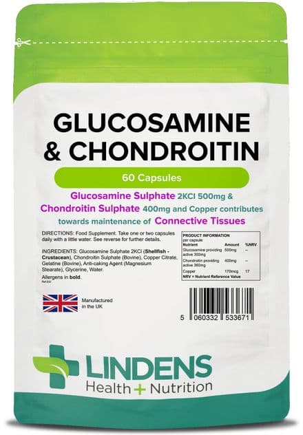 Glucosamine & Chondroitin 500mg/400mg (with Copper) x 60 Capsules; Lindens