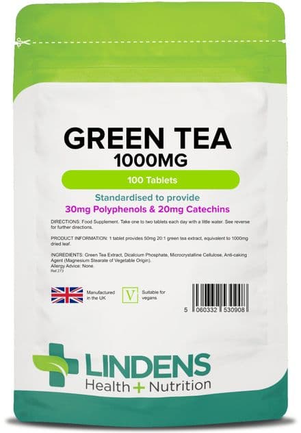 Green Tea 1000mg x 100 Tablets; Standardised Extract; Fat Loss; Lindens